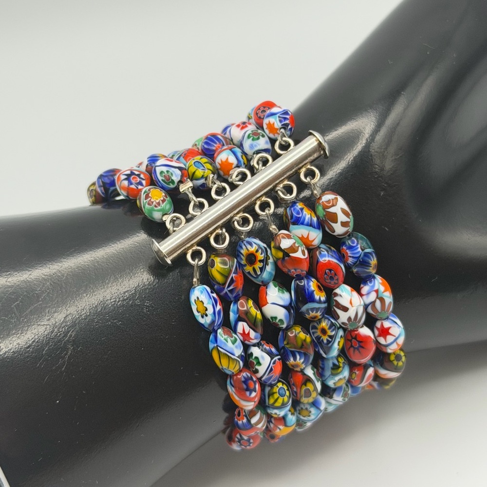 Vintage Murano Millefiori Glass Multi-Strand Bracelet 925 Sterling Silver Clasp - Picture 15 of 16